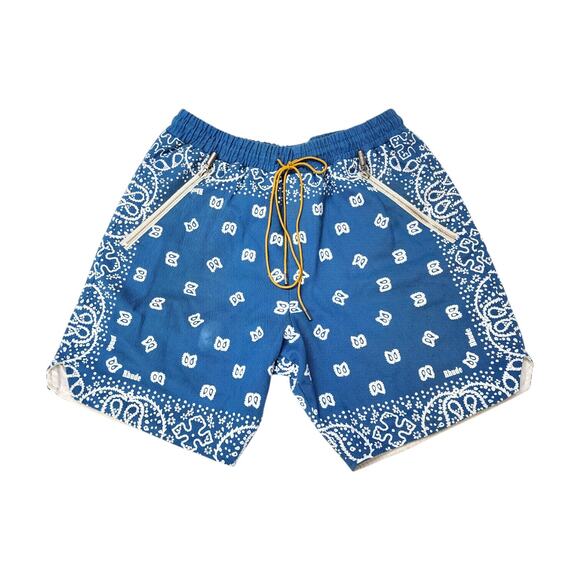 Rhude Bandana Print Drawstring Cotton Shorts Blue Size Large - Preowned - Picture 1 of 7